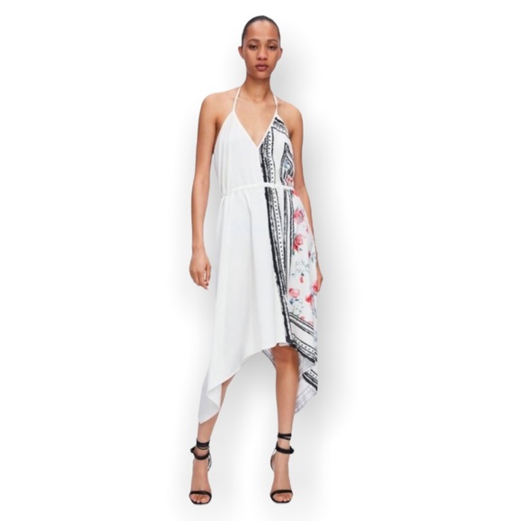 ZARA White Asymmetrical Floral Slip Dress Halter Triangle Medium - Picture 2 of 14